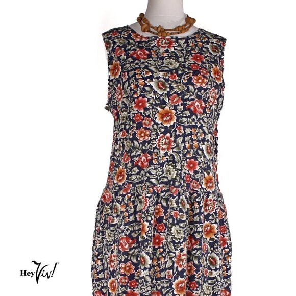 Cathy Daniels Tank Style Dress w Pockets Navy Blue Floral Size Medium - Hey Viv - Picture 2 of 7